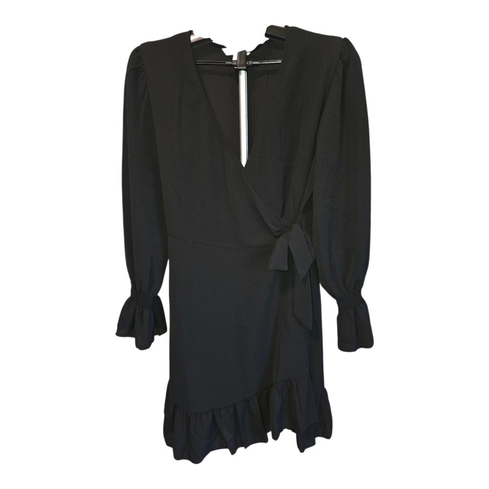 Elegant Black Long-Sleeve Wrap Dress with Ruffle Hem